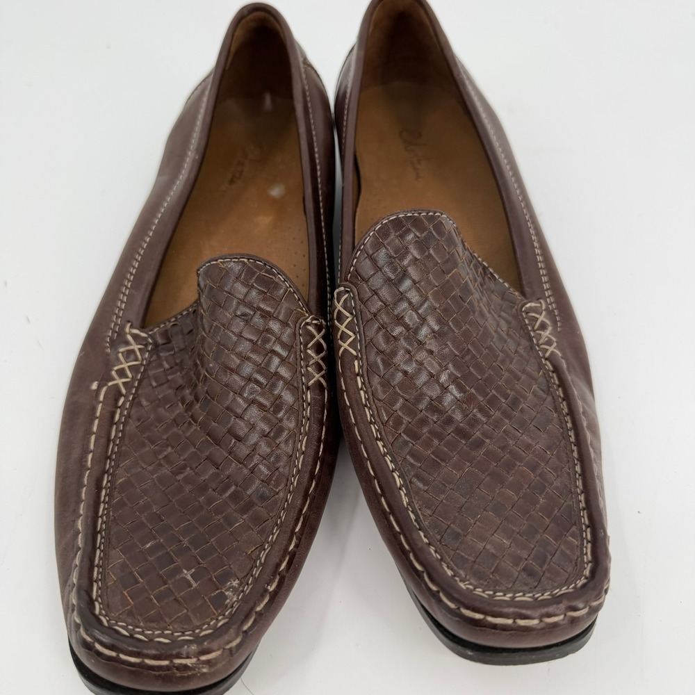 Cole Haan Loafer Woven Leather Modern Women Size 11.5 Brown Flat Slip On Shoes